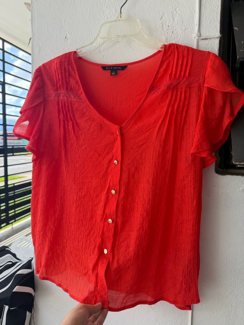 Zac & Rachel Red Ruffle Sleeve Button Front Blouse, Coral Red